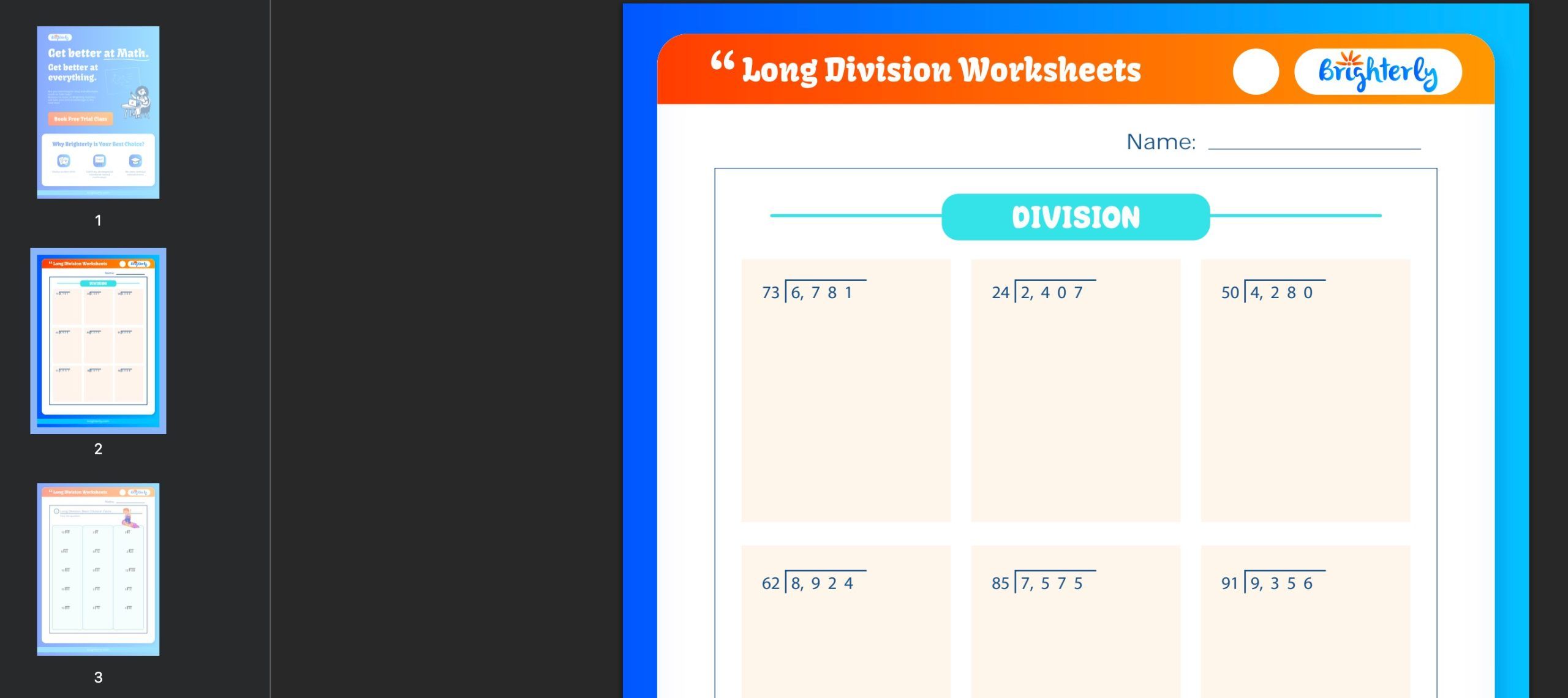 Long division worksheets