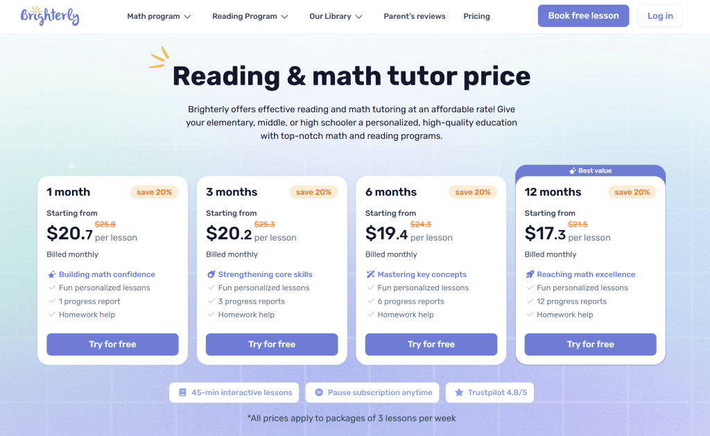 Brighterly pricing