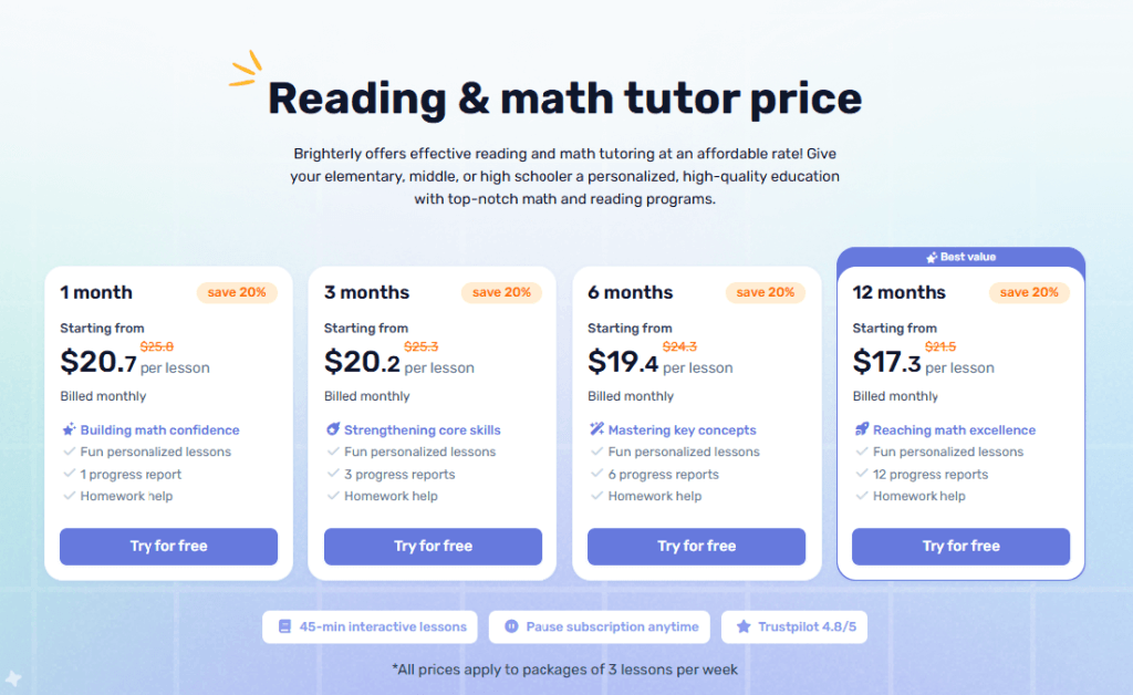 Brighterly cost per month