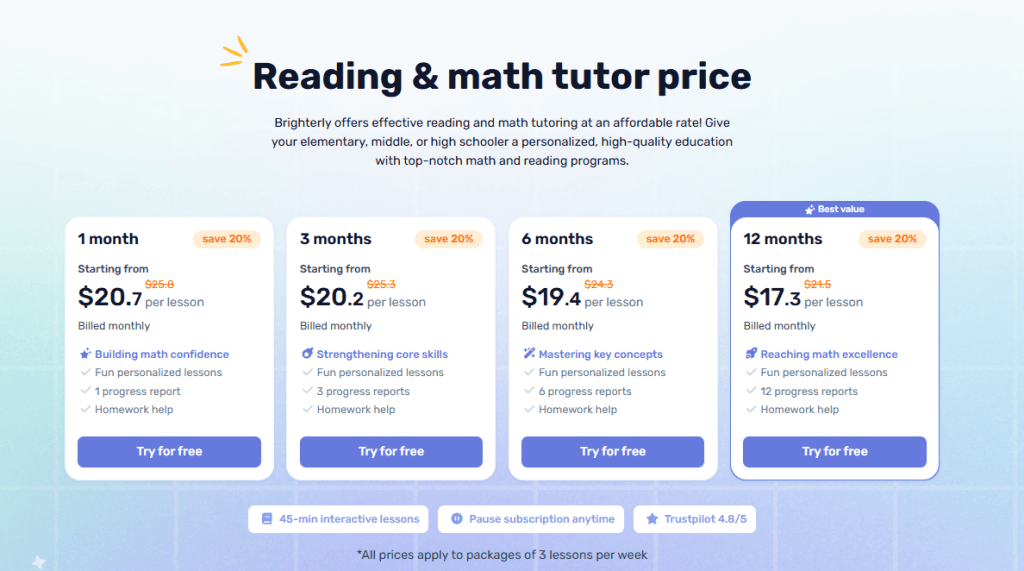 How much is Brighterly? Pricing