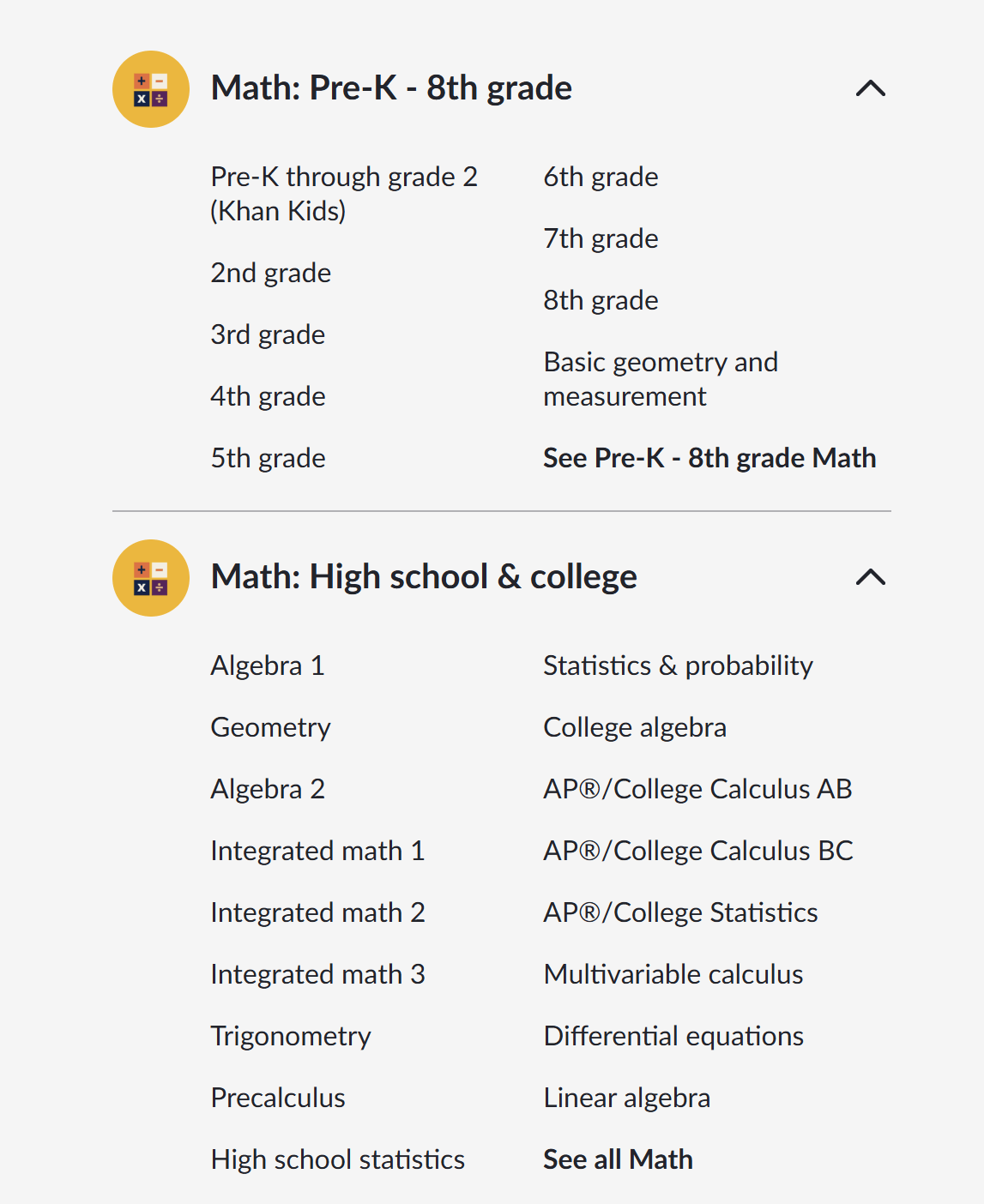 Khan Academy free math classes online