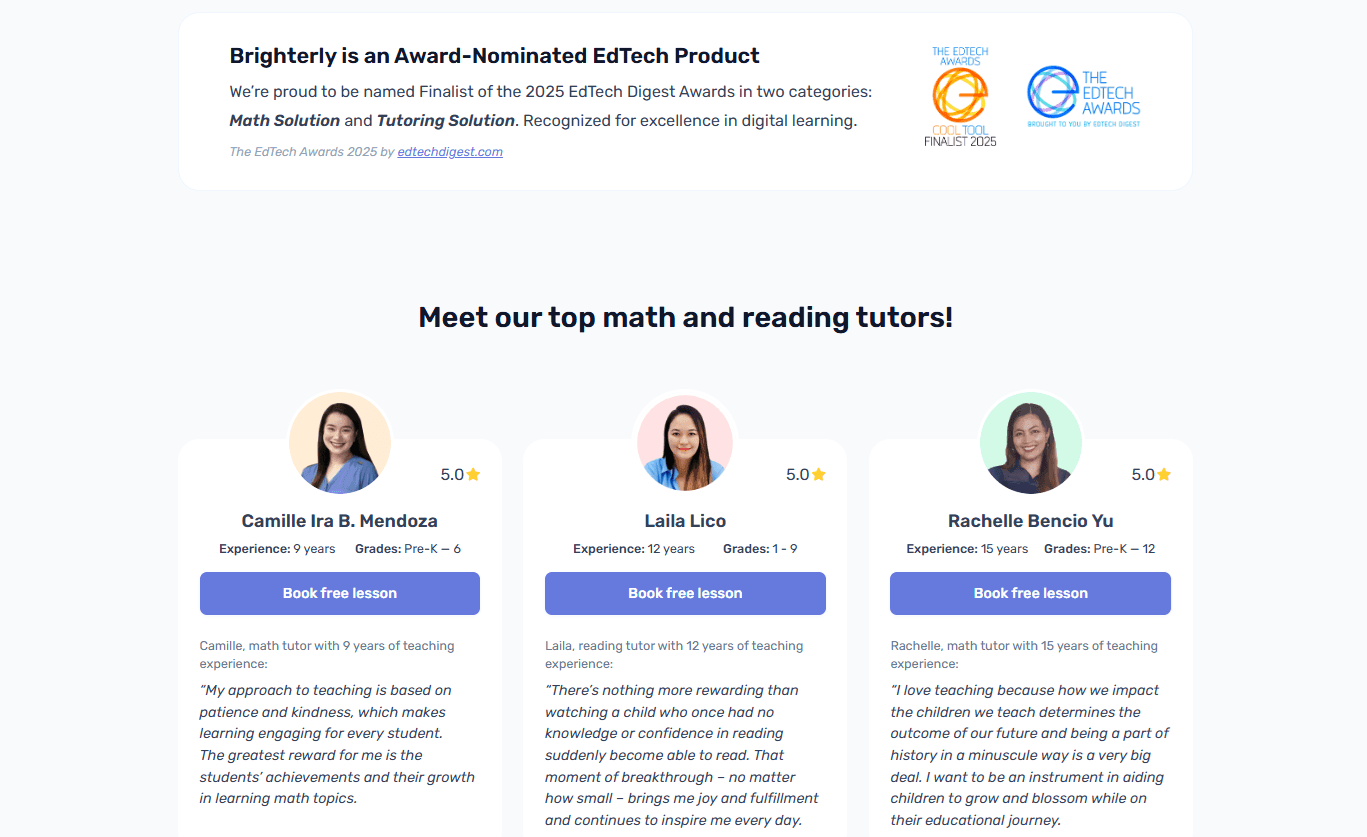 Brighterly reading and math tutoring platform features