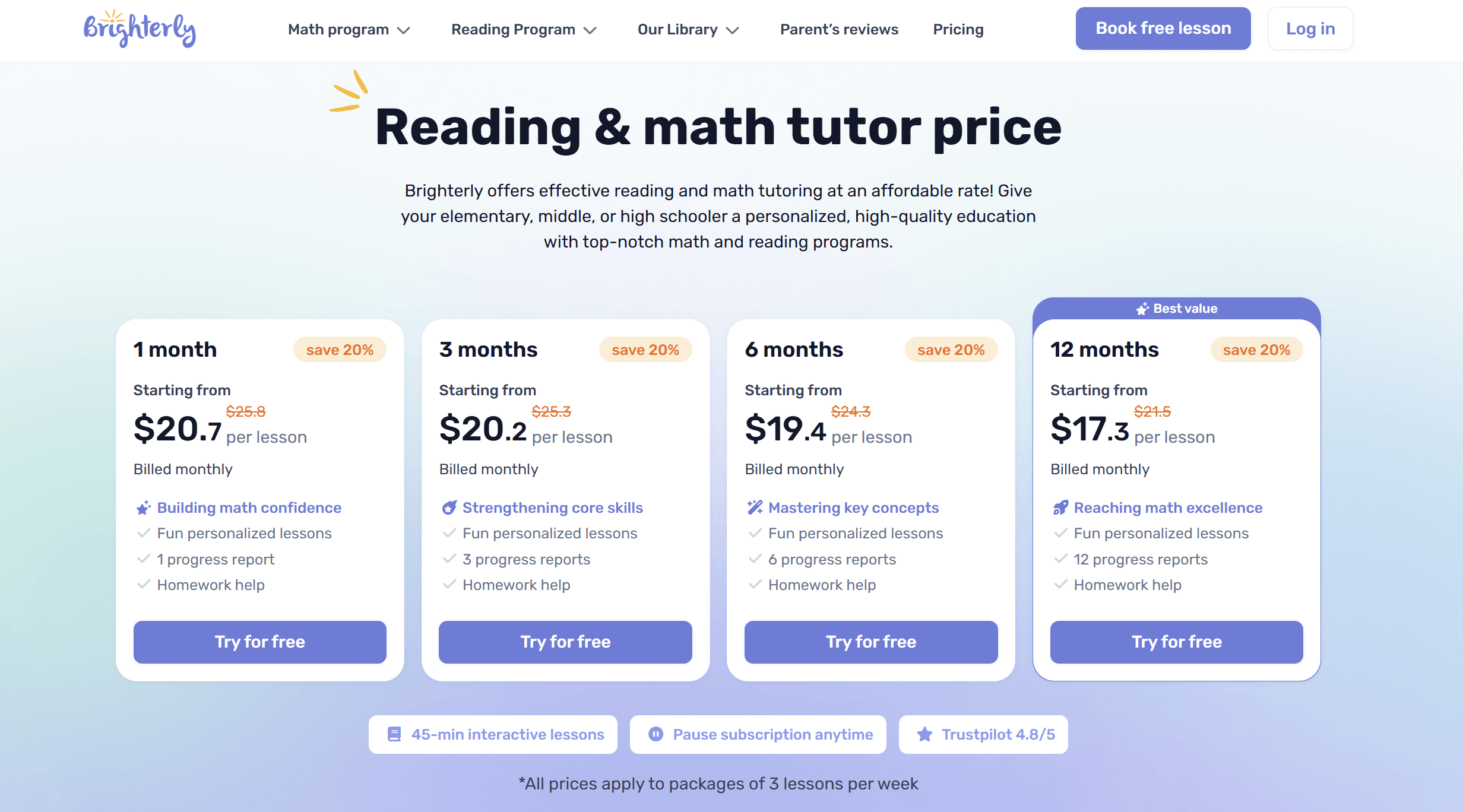 How much is Brighterly? Pricing packages