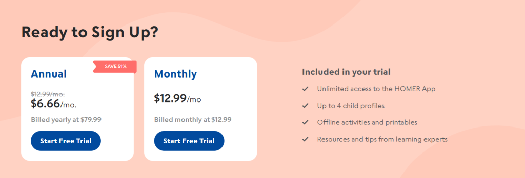 Homer best reading program for kids: Pricing