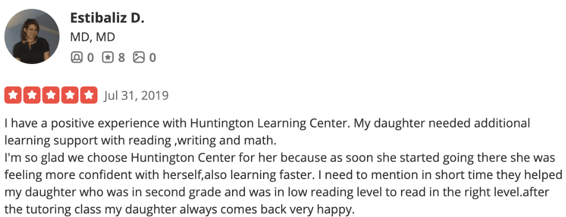 Benefits according to Huntington tutoring reviews (details)