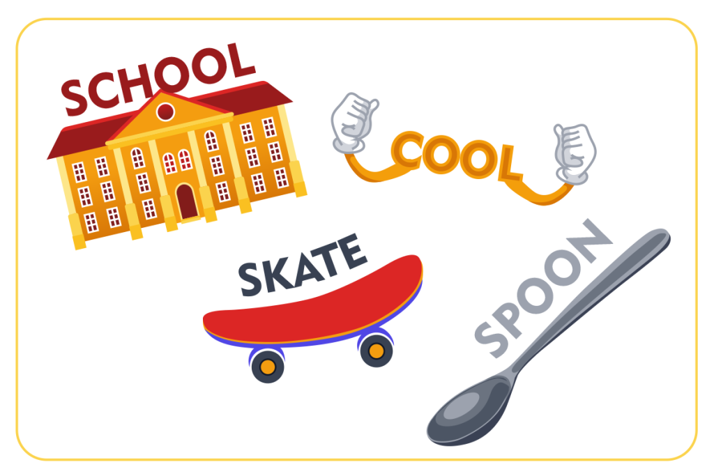 Which word has the same beginning sound as “school”?
