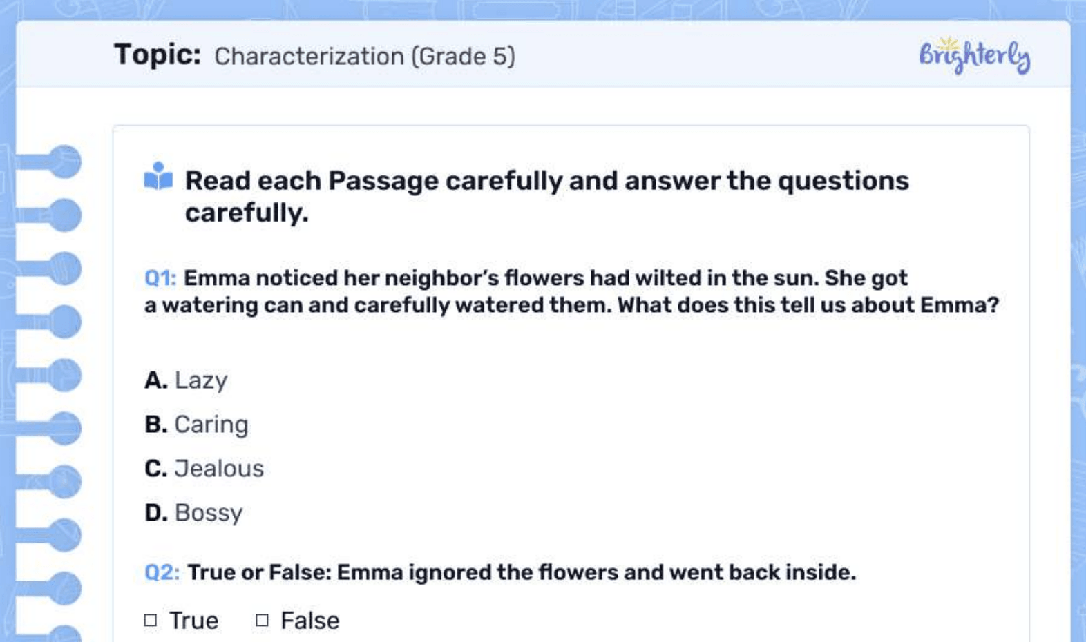 Characterization worksheet PDF: Examples