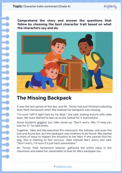 PDF2 Character traits worksheet Grade 4