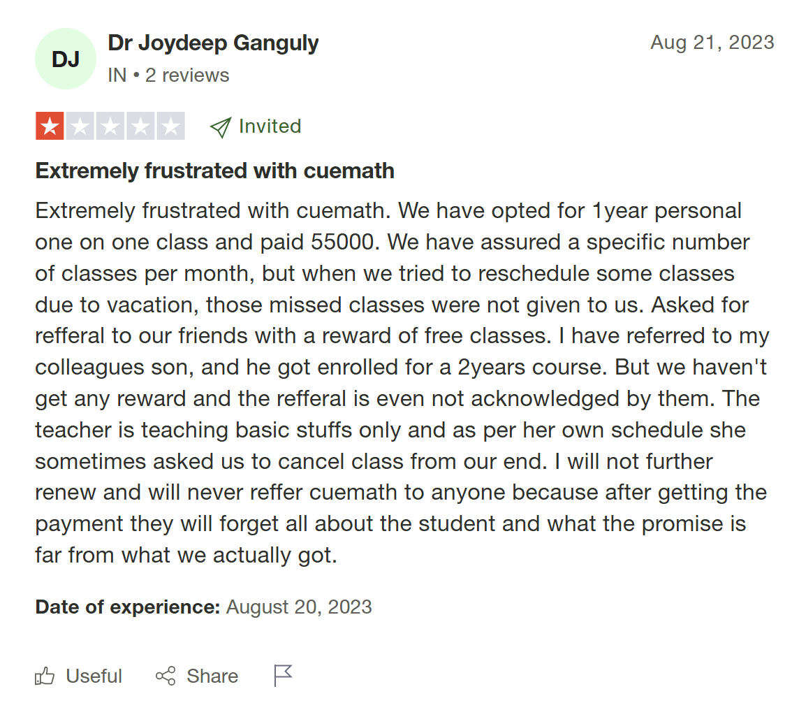 Cuemath online classes review - customer support feedback