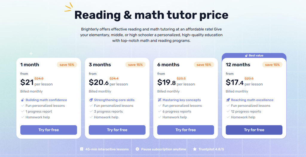 How much is Brighterly math and reading?