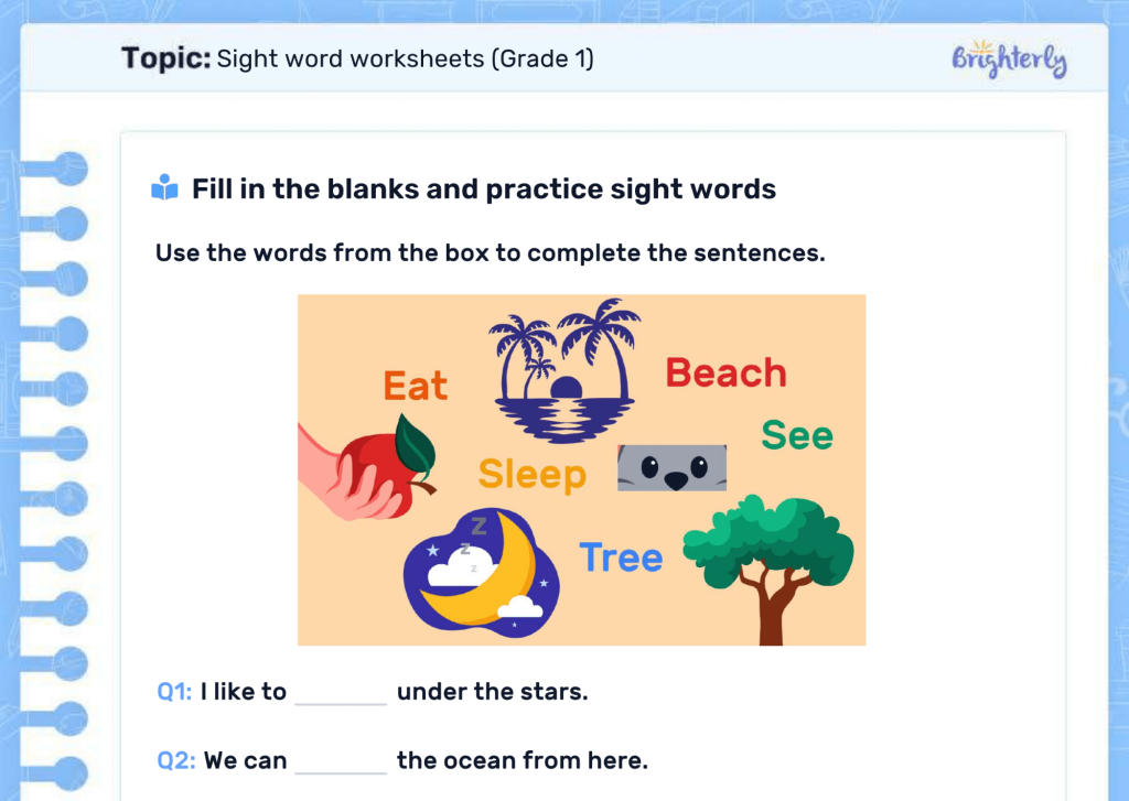 Sight words worksheets PDF free: Examples