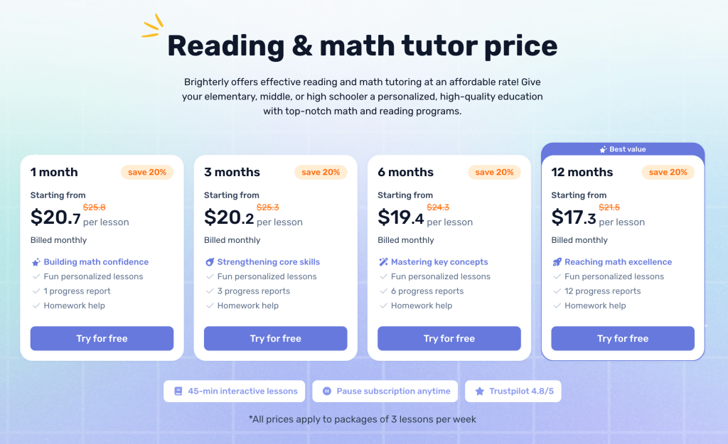 Brighterly cost (all pricing plans)