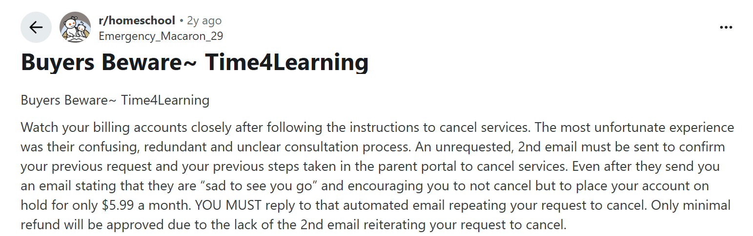 How to cancel Time4Learning according to Reddit reviews