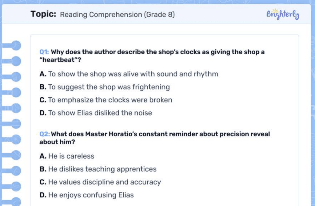 Reading comprehension worksheets 8th grade: Examples