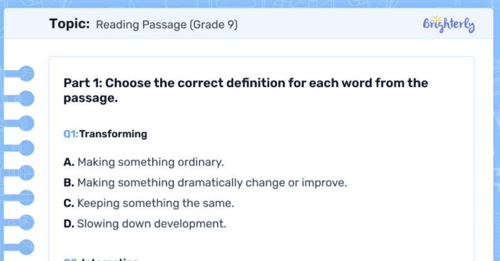 9th grade reading comprehension passages: Examples