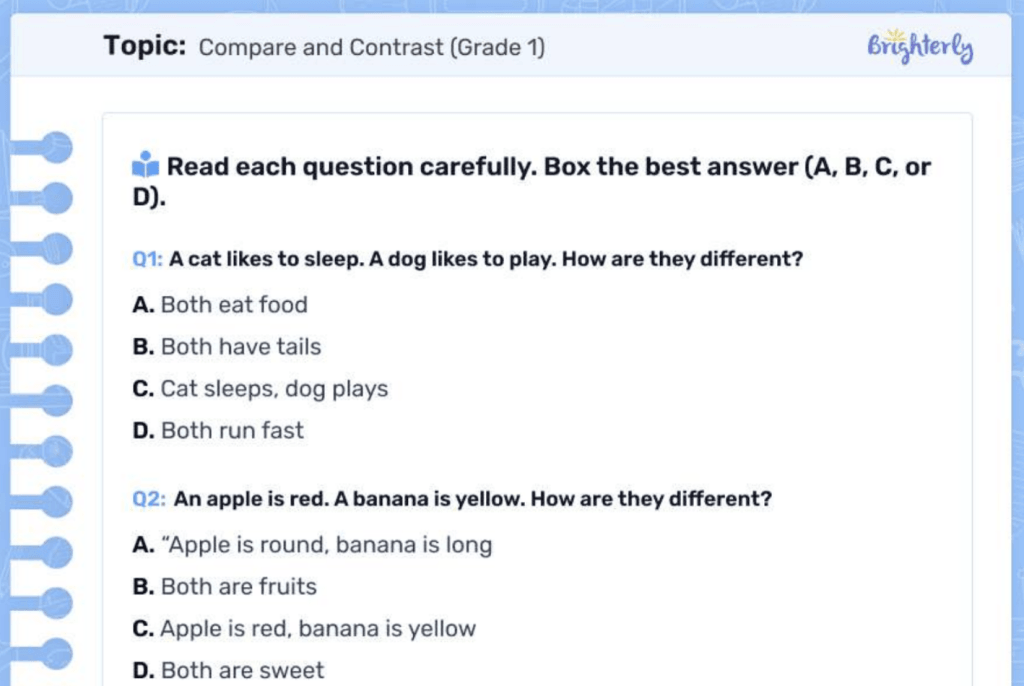 Compare and contrast worksheet: Examples