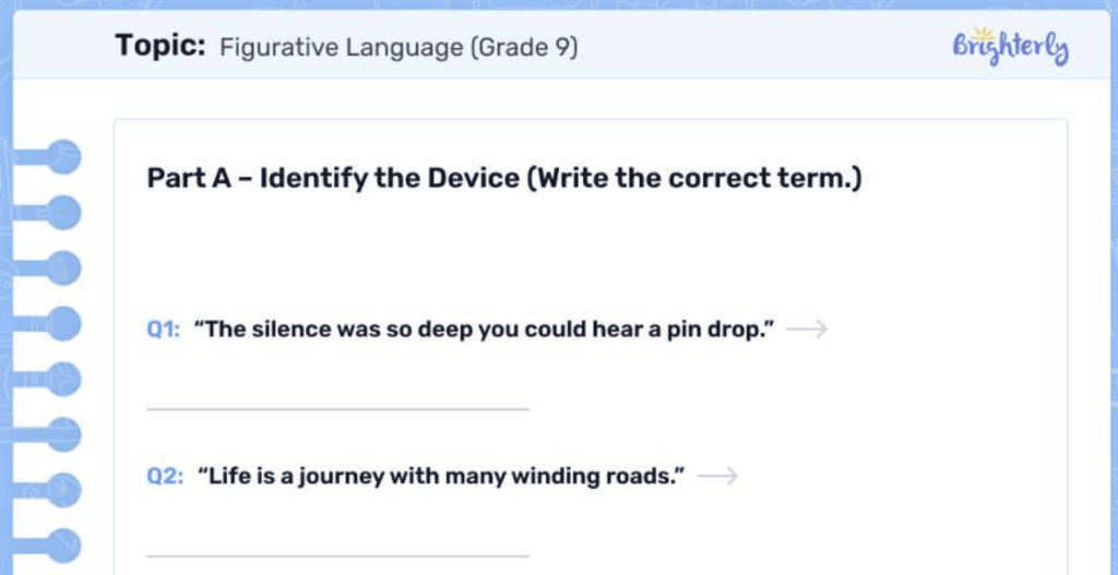 Figurative language 9th grade worksheet: Examples