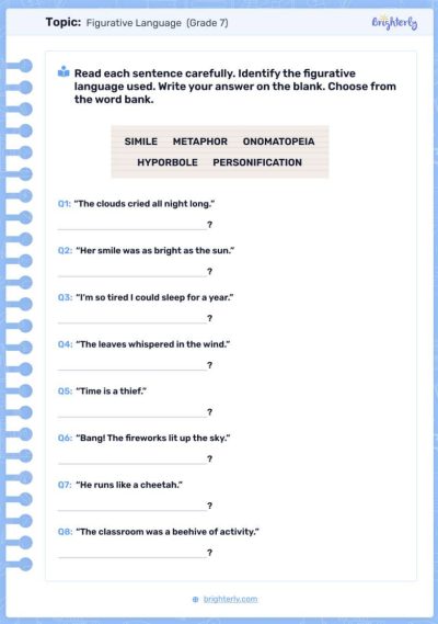 Figurative language 7 grade worksheets PDF