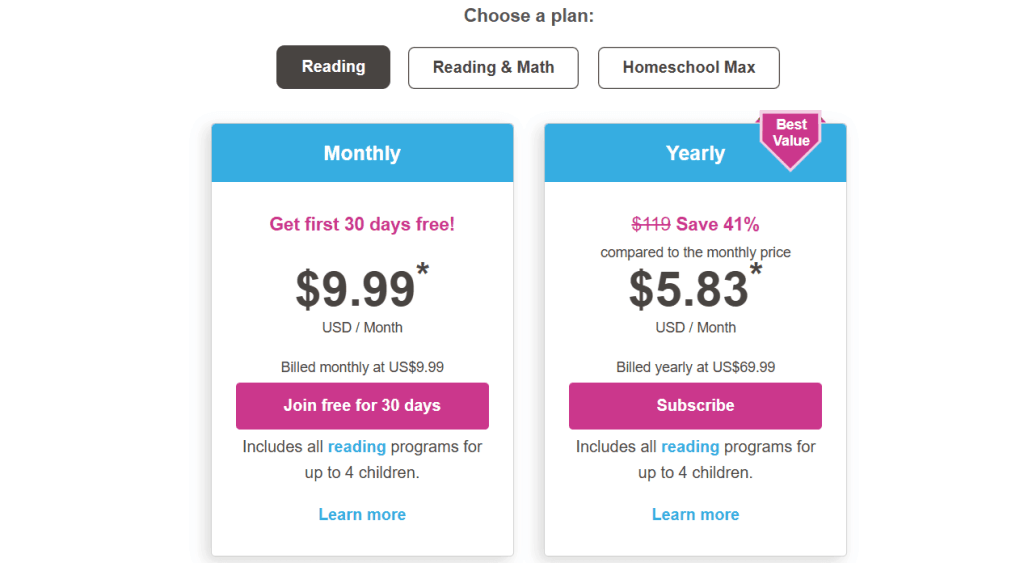 How much is Reading Eggs software for a family? 