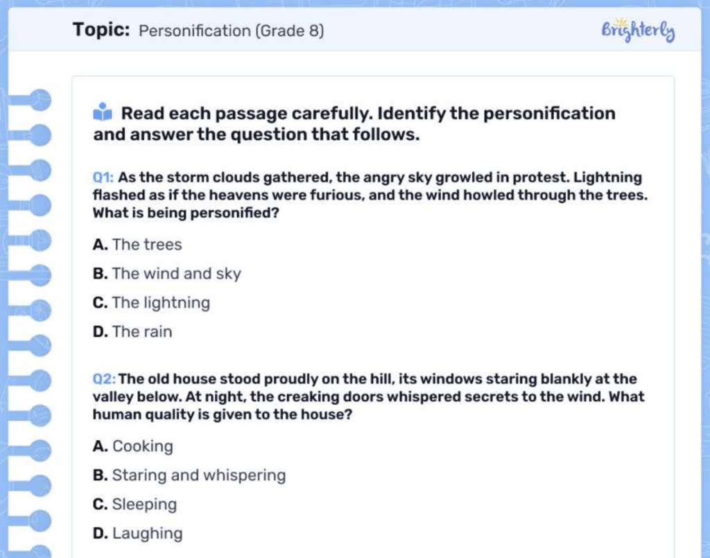 Personification figurative language worksheets: Examples