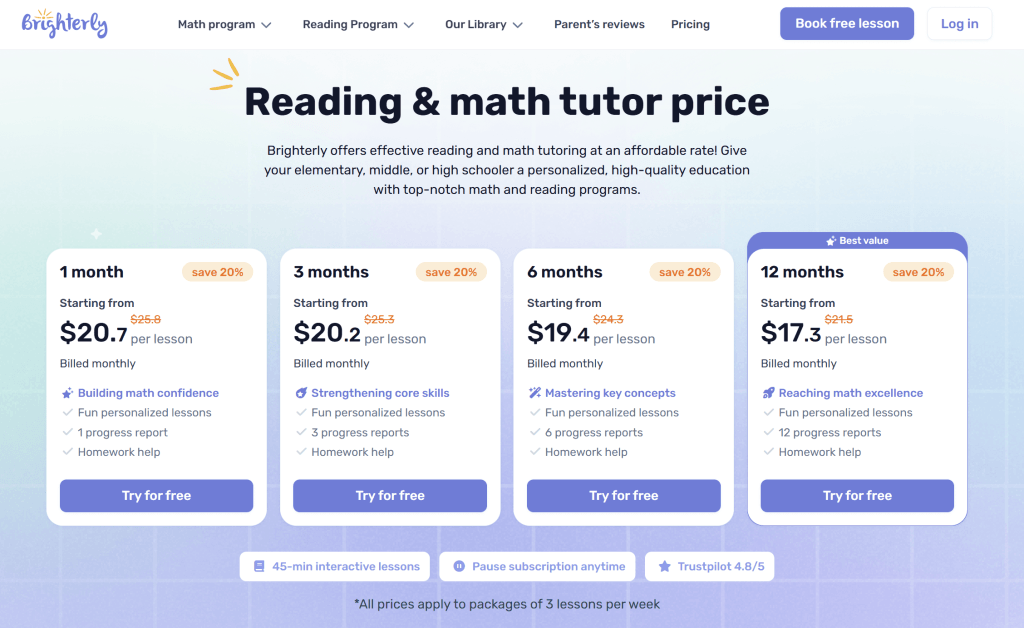 How much does the Brighterly reading program cost?
