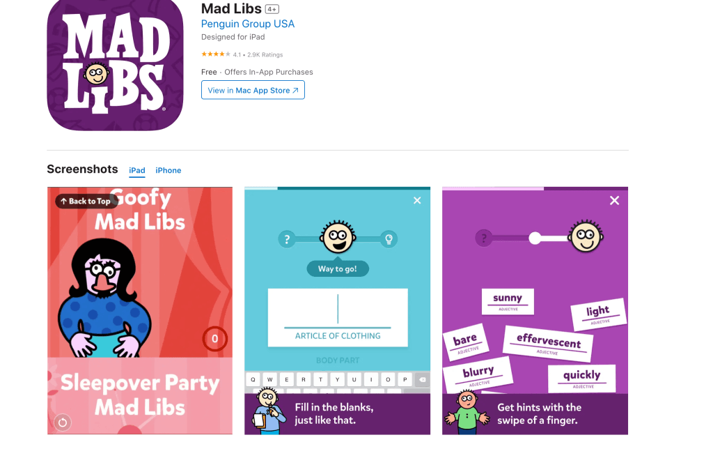 #11 Mad Libs – one of the free creative writing apps for students