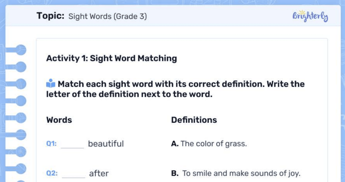 3rd grade sight words worksheets PDF: Examples