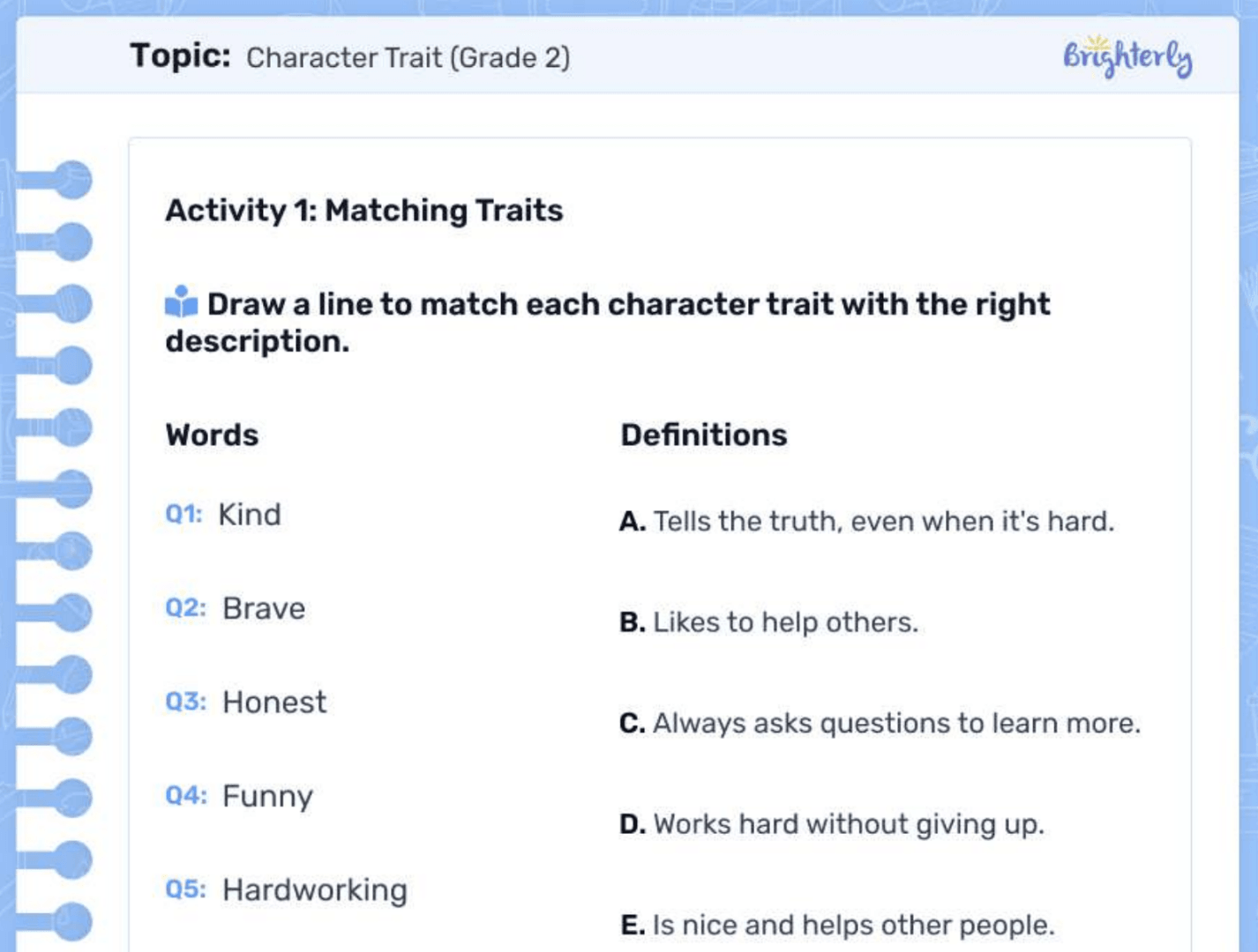 Сharacter traits worksheet grade 2: Examples