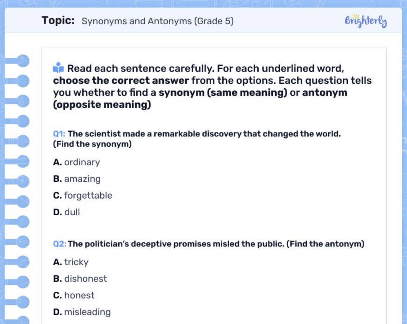 Synonym and antonym worksheet: Examples
