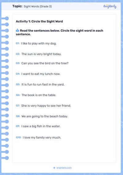 sight words worksheets 1