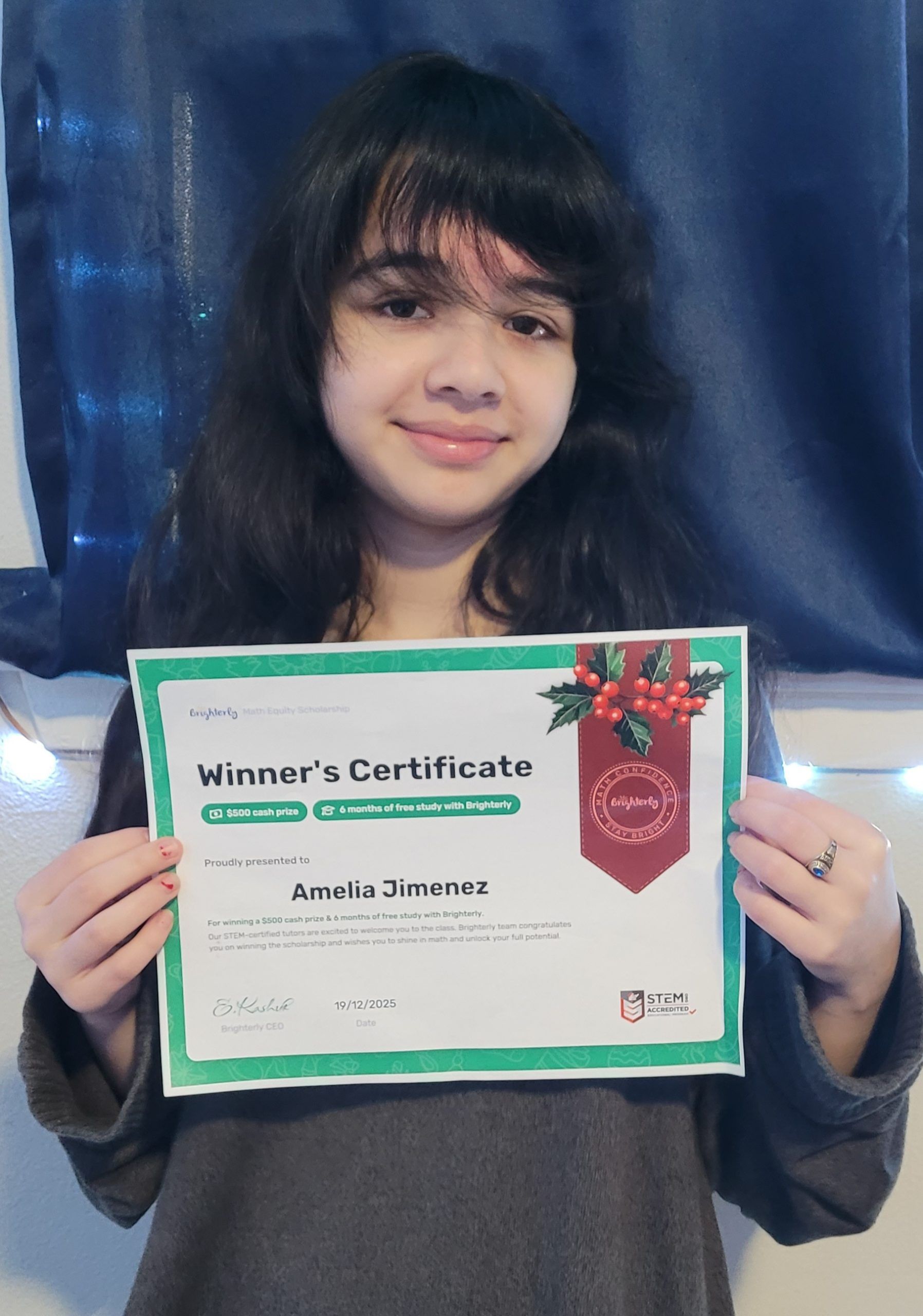 Amelia J. — the winner of the Winter Brighterly Math Equity Scholarship!