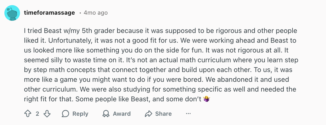 Common complaints about Beast Academy: