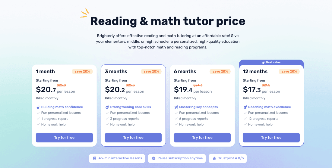 How much is Brighterly math lessons?