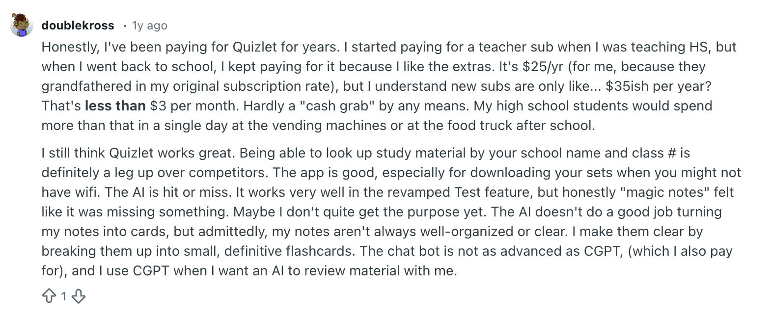 Quizlet cost Reddit & Trustpilot reviews