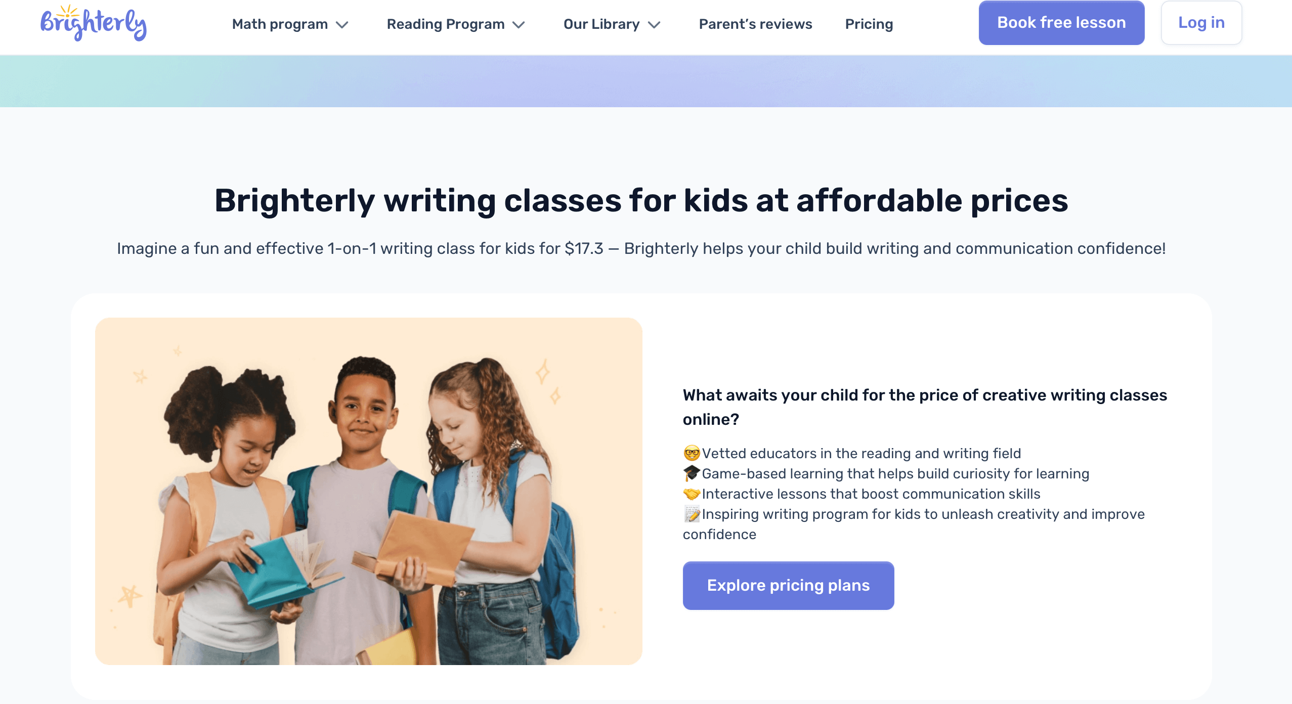 How does Brighterly help kids improve writing skills?