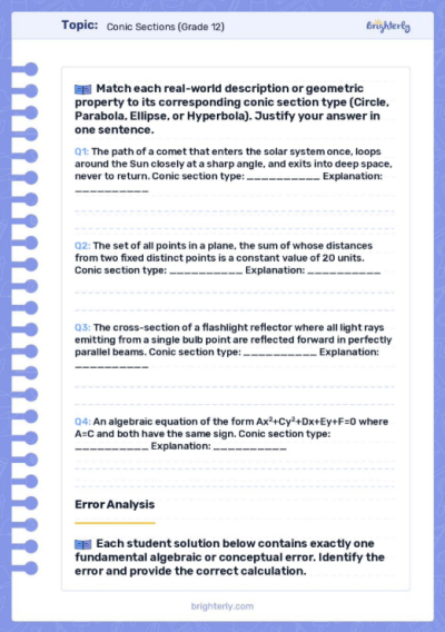 Conic Sections Worksheets