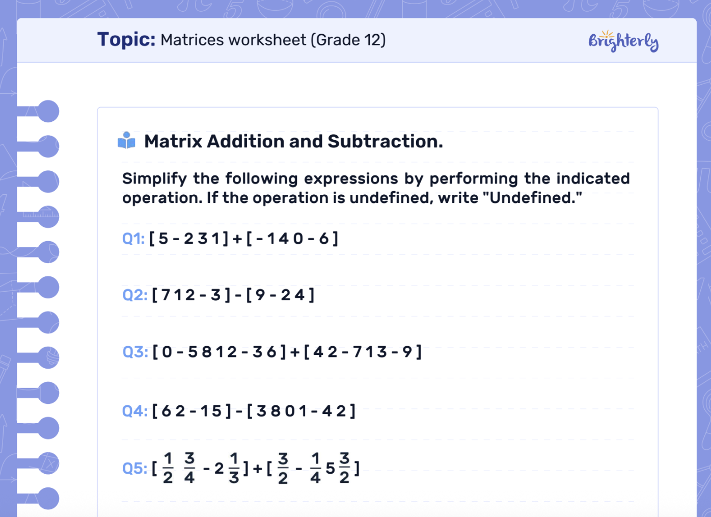 Download Matrices Worksheet PDFs
