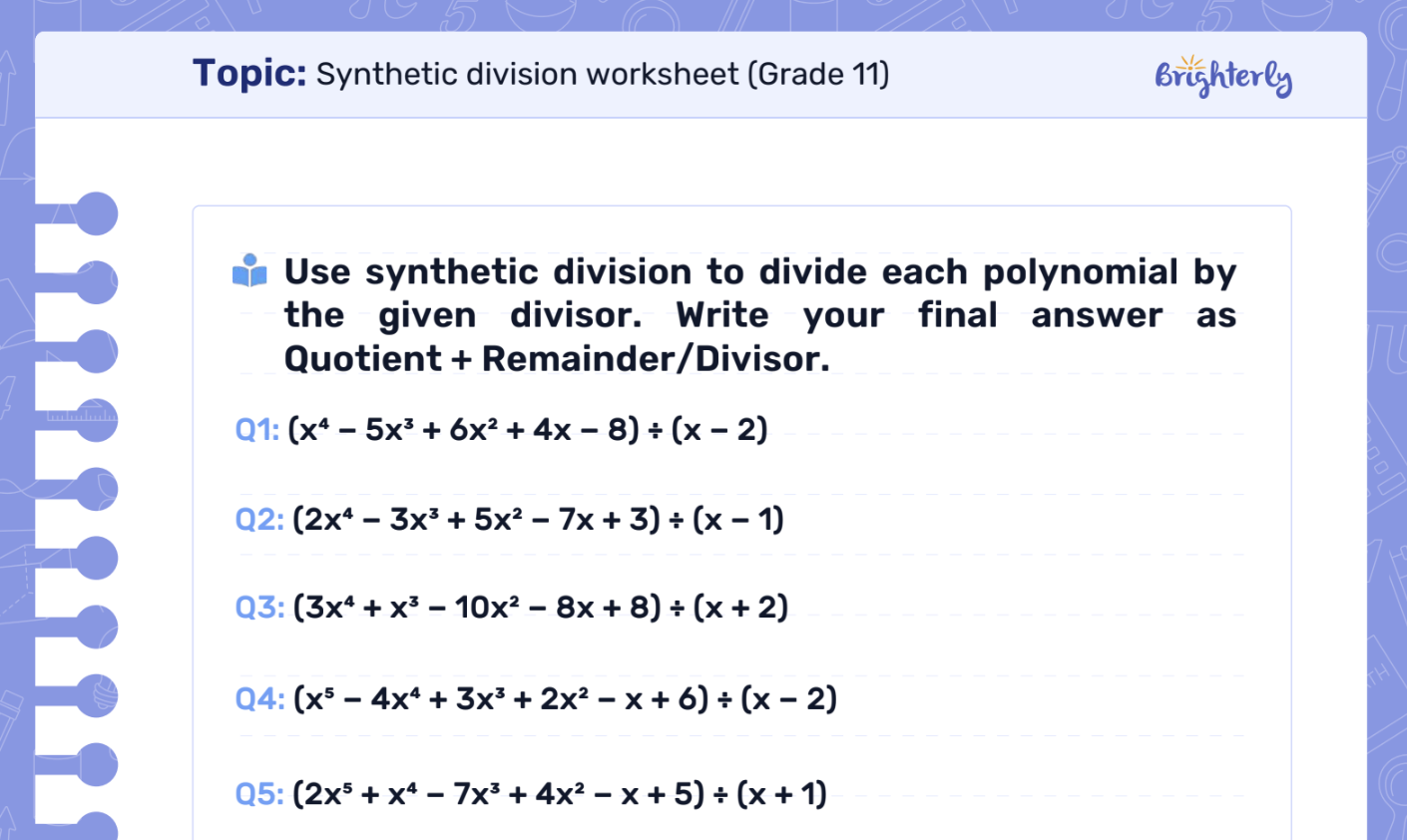 Download Synthetic Division Worksheet PDFs