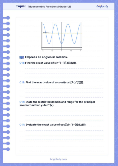 Trigonometric Functions Worksheets (Grade 12)