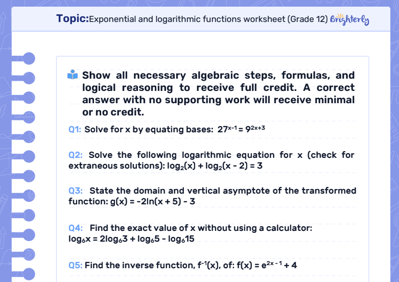 Download Exponential and Logarithmic Functions Worksheet PDFs