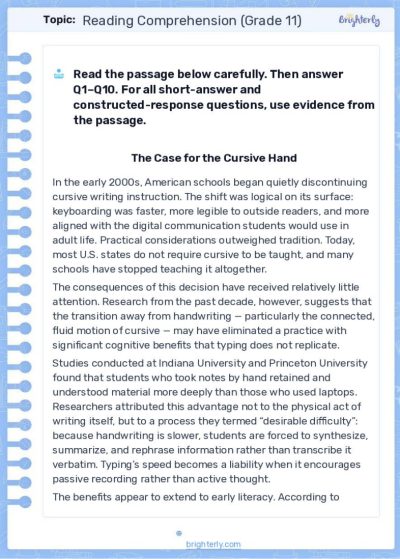 11th Grade Reading Comprehension Worksheets 2