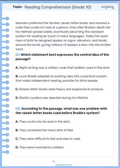 10th grade reading worksheets 1