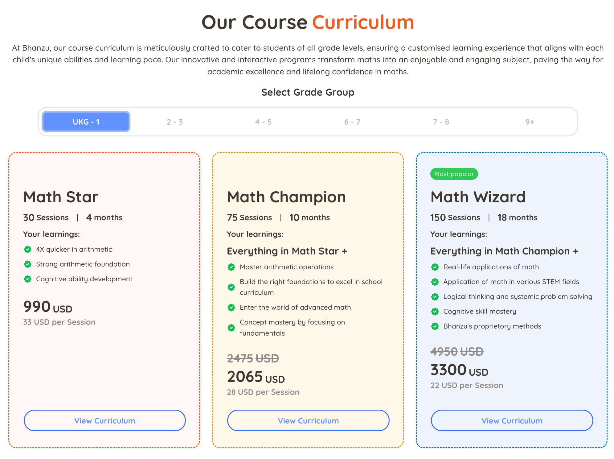 Bhanzu Pricing by Plan (Math Star, Math Champion, Math Wizard)