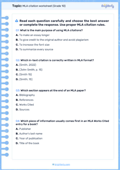 MLA Citation Worksheets