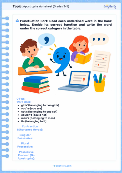 Apostrophe Worksheet (Grades 3-5)