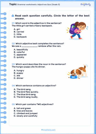 Grammar worksheets adjectives quiz