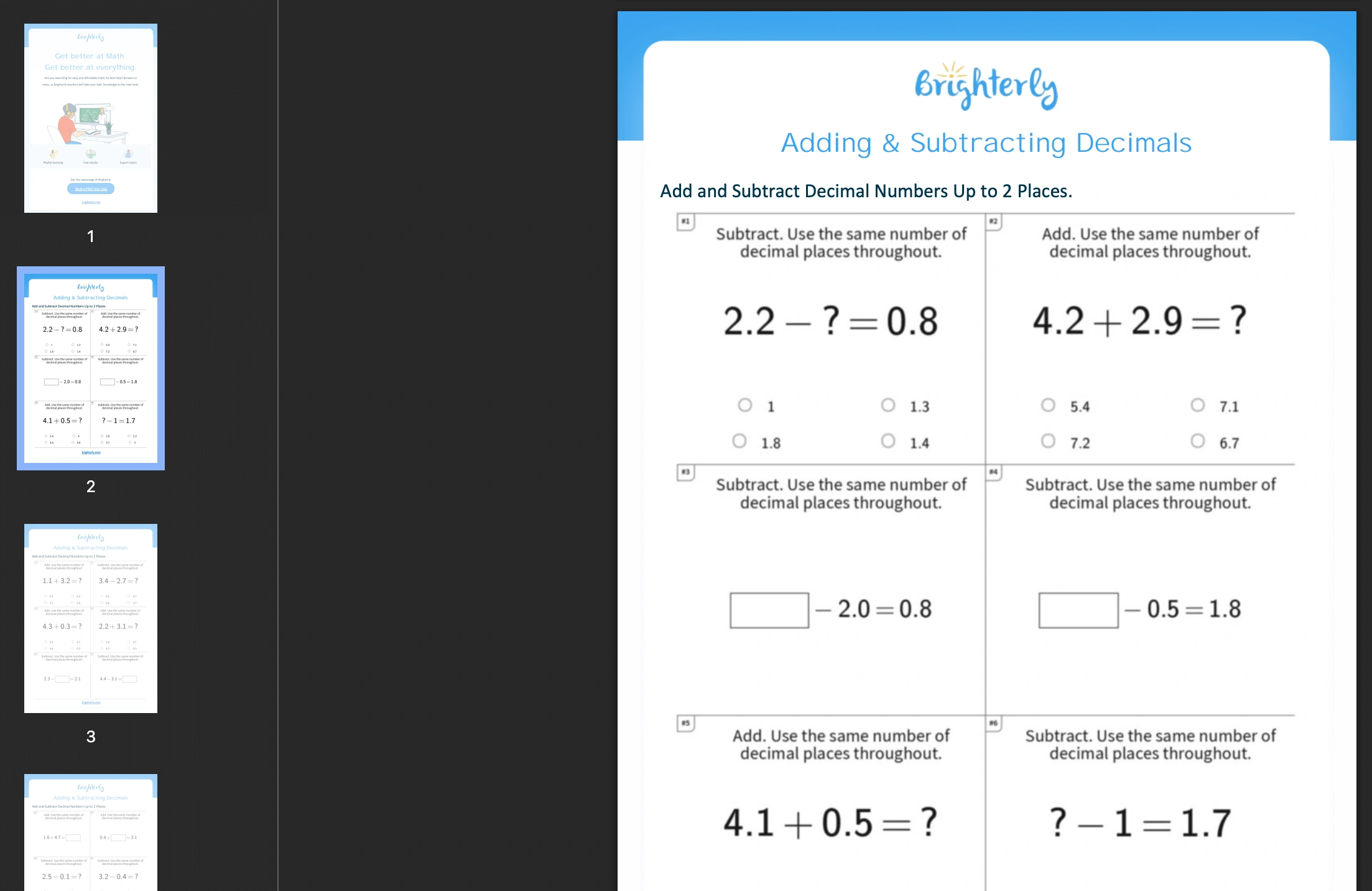 Add and subtract decimals worksheet: Examples