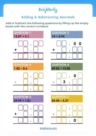 Add And Subtract Decimals Worksheet