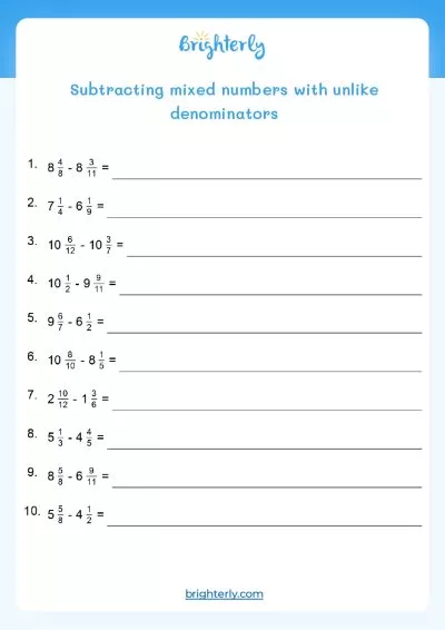 Fractions Addition and Subtraction Worksheet