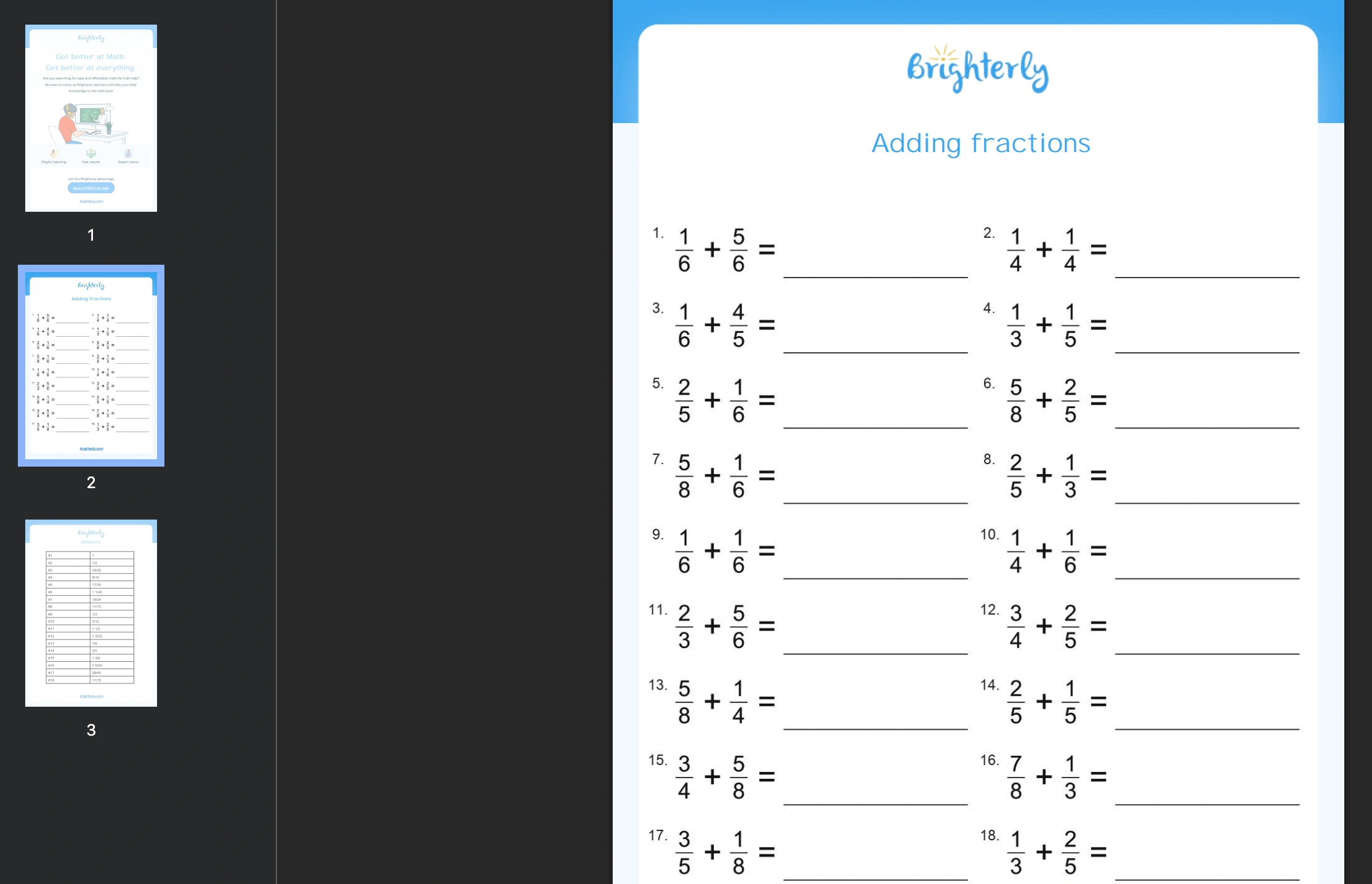 Fraction addition worksheet: Examples